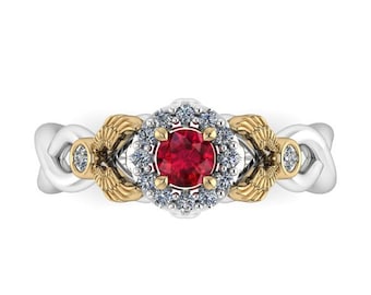 ALWAYS : Winged Halo Engagement Ring with Ruby and Canadian Diamonds - Wizard Inspired Ring!
