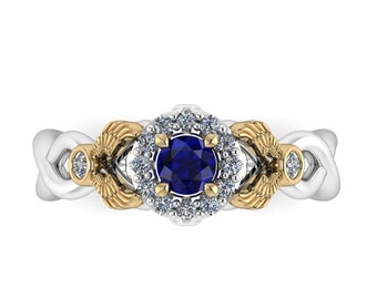 ALWAYS : Winged Halo Engagement Ring with Blue Sapphire and Canadian Diamonds - Wizard Inspired Ring!