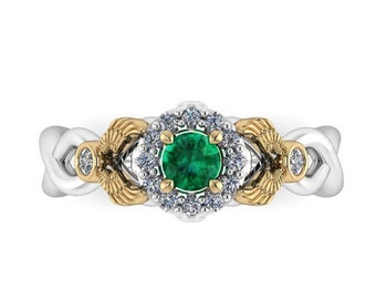 ALWAYS : Winged Halo Engagement Ring with Emerald and Canadian Diamonds - Wizard Inspired Ring!