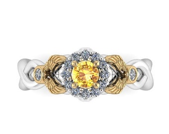 ALWAYS : Winged Halo Engagement Ring with Yellow Sapphire and Canadian Diamonds - Wizard Inspired Ring!