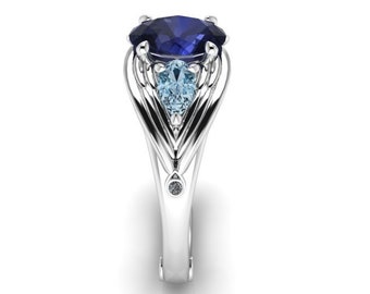 ROWENA : Ravens Wing Engagement Ring with Iolite, Aquamarine and Canadian Diamonds - Wizard Inspired Ring!