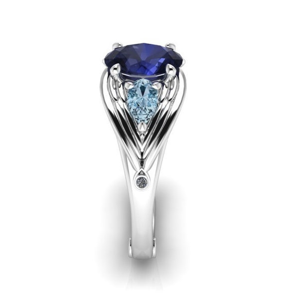 ROWENA : Ravens Wing Engagement Ring with Iolite, Aquamarine and Canadian Diamonds - Wizard Inspired Ring!