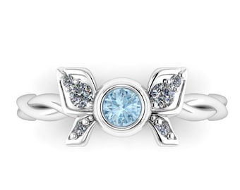 FAIRY GUIDE : Video Game Inspired, Aqumarine & Diamond Ring in Your Choice of Metals! Wedding Band, Promise Ring or Engagement