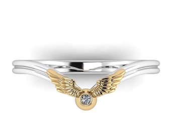 TINY WINGED : Two Tone Curved Wedding Ring, Promise Ring or Engagement Ring in your choice of metals with Diamond - Wizard Inspired Ring!