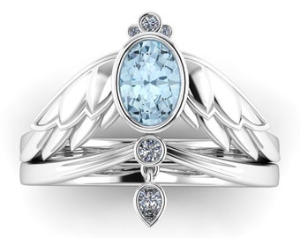RAVEN'S WING : Wizard Inspired Wedding Set | Aquamarine Ring | Engagement Ring | Canadian Diamonds | Diadem | Raven