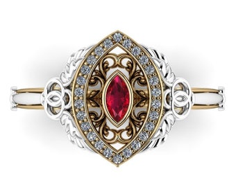 THE SORCERER'S KEY : Winged Vintage Skeleton Key | Wizard Inspired | Marquise Ruby, Emerald, Yellow or Blue Sapphire Engagement Ring