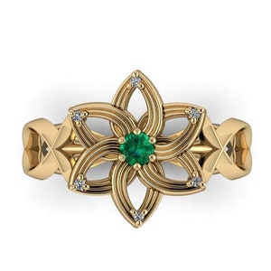 ELENTARI : Elvish Inspired Engagement Ring. Emerald Flower Ring. Emerald & Diamond Ring. Woodland Wedding Ring.