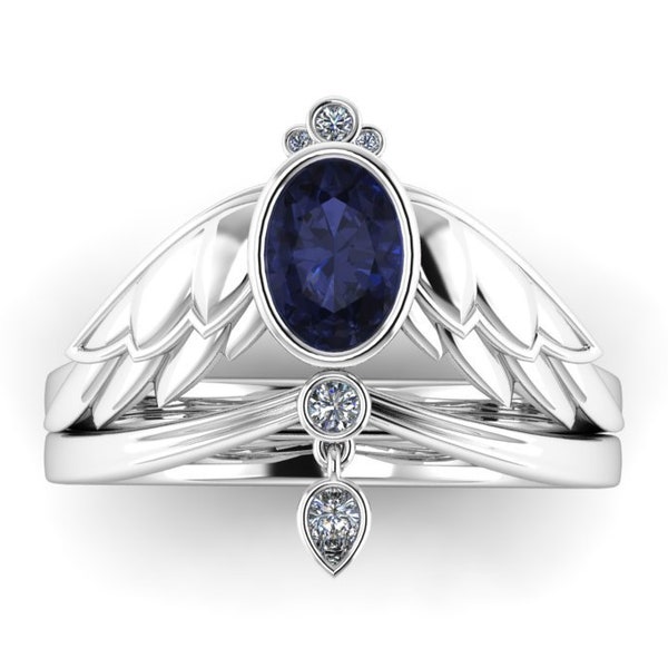 RAVEN'S WING : Wizard Inspired Wedding Set | Iolite Ring | Engagement Ring | Canadian Diamonds | Diadem | Raven