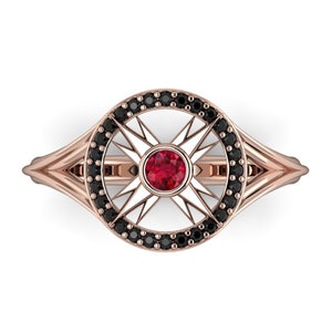 DARK STAR : Futuristic Engagement Ring | Sci Fi Ring | Fantasy Black Diamond and Ruby Ring | Star Ring | Geek Engagement Ring