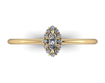 Petite Promise: Dainty Marquise Cut Diamond Halo Engagement Ring or Wedding Set.