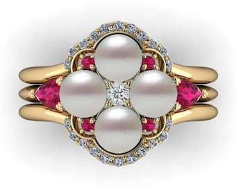 DAPHNE WEDDING SET: Regency Inspired Pearl and Gemstone Engagement Ring & Band Set | Ruby, Emerald of Sapphire | Multi Pearl Ring