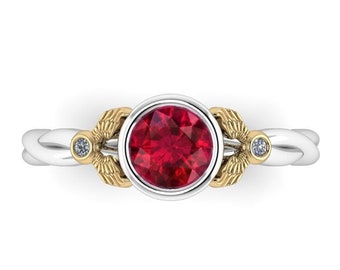 WINGED : Bezel Set Engagement Ring set with Ruby and Diamonds - Wizard Inspired Ring!