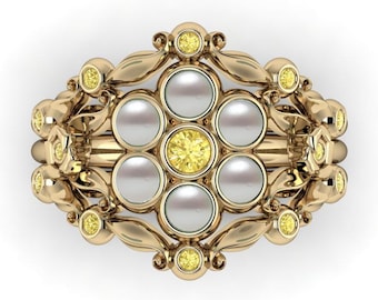PENELOPE WEDDING SET: Regency Inspired Pearl and Yellow Diamond Engagement Ring & Band | Pearl Wedding Ring | Multi Pearl Ring