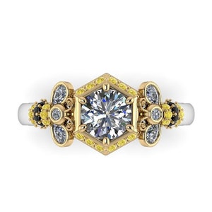 BEE-LOVED : Honeybee Engagement Ring | Hexagonal Engagement Ring | Bee Ring | Honeycomb Ring | Hexagon Halo | Yellow Diamond Ring