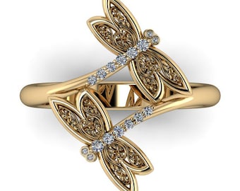 NYMPH II : Diamond Double Dragonfly Ring | Power Animal Ring | Dragonfly Spirit Animal | Dragonfly Engagement Ring | Twin Dragonfly Ring