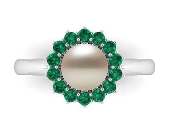 HALLOWED: Natural Emerald, Sapphire or Ruby Halo Pearl Ring with vintage inspired setting