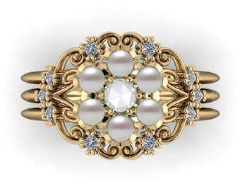 KATE WEDDING SET: Regency Inspired Pearl and Rose Cut Diamond Engagement Ring & Band Set | Pearl Wedding Ring | Multi Pearl Ring