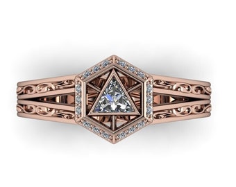 CRITICAL: RPG Inspired Engagement Ring, Icosahedron Ring, D20 Ring, Wedding Ring with Diamonds in Silver, Gold or Platinum