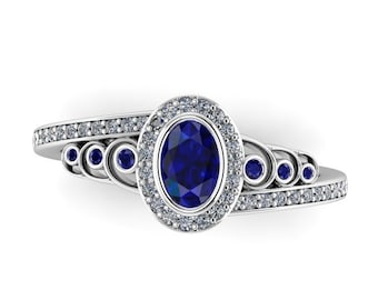 WATER ICON : Elemental Engagement Ring | Wedding Ring | Natural Blue Sapphire Halo | Water Sign | Anime Inspired Ring | Your Choice of Metal