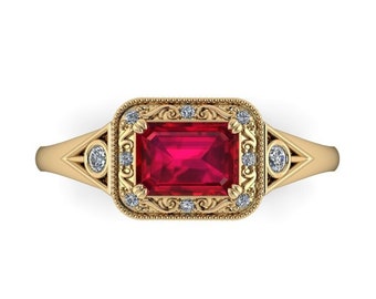 HALLOWED : Scrollwork Halo Engagement Ring with an emerald-cut Ruby center stone in your choice of sizes - Wizard Inspired Ring!