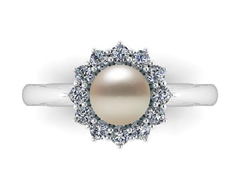 HALLOWED: Diamond Halo Pearl Ring with vintage inspired setting