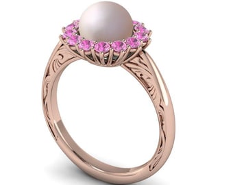 HALLOWED: Pink Sapphire Halo with Pink Pearl Ring in vintage inspired setting