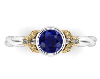 WINGED : Bezel Set Engagement Ring set with Blue Sapphire and Diamonds - Wizard Inspired Ring!