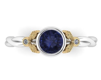 WINGED : Bezel Set Engagement Ring with natural blue Iolite and Canadian Diamonds - Wizard Inspired Ring!