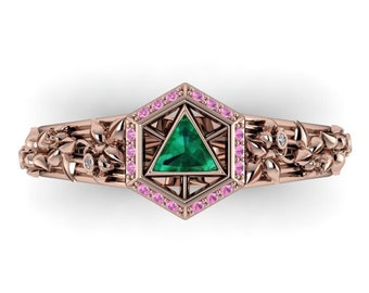 FLOWERS & WILDFIRE: Emerald and Pink Sapphire Floral D20 Ring, Tabletop Inspired Ring, Icosahedron Ring in your choice of metals