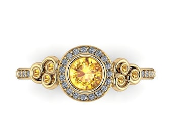 AIR ICON : Elemental Engagement Ring | Wedding Ring | Natural Yellow Sapphire Halo | Air Sign | Anime Inspired Ring | Your Choice of Metal