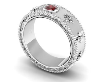HOWL&#39;S HEART : Anime Inspired Wedding Band | Garnet Engagement Ring | Promise Ring | Friendship Ring | Bezel Set Gemstone Band