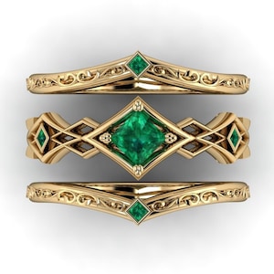 WOODLAND QUEEN : Elvish Inspired Wedding Set | Emerald Elven Engagement Ring and Wedding Bands | Emerald Engagement Ring + Two Wedding Bands