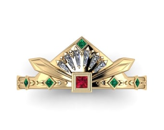 EARTH WARRIOR : Emerald, Diamond & Ruby Ring | Wedding Ring | Engagement Ring | Earth Sign | Anime Inspired Ring | Your Choice of Metals