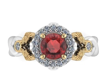 ALWAYS : Winged Halo Engagement Ring with Garnet and Canadian Diamonds - Wizard Inspired Ring!