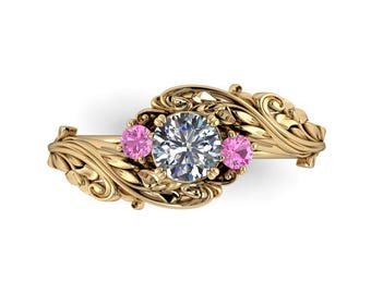 PRINCIPESSA DI FLORI - Diamond and Pink Sapphire Floral Engagement Ring - with your choice of Natural of Lab Created Stones