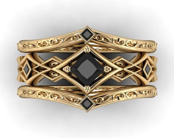 MIDNIGHT QUEEN : Elvish Wedding Set | Elven Black Diamond Ring | Engagement Ring + Two Wedding Bands | Woodland Wedding Set | Vine Ring