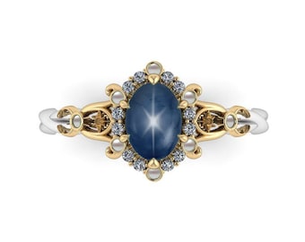 DARLING NIGHT: Fae Royalty Inspired natural Star Sapphire, Pearl & Diamond Ring