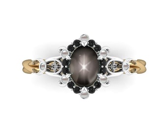 DARLING DARKEST NIGHT: Fae Royalty Inspired natural Black Star Sapphire, Pearl & Black Diamond Ring