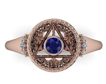 CROSSROADS: Wizard Inspired Engagement Ring with Blue Sapphire & Canadian Diamonds in 10k, 14k, 18k, 22k or Platinum