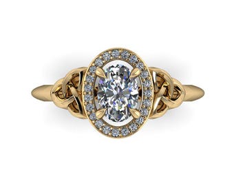 TRINITY HALO : Celtic Diamond Engagement Ring | Claw Prong Oval Diamond Halo | Celtic Knotwork Ring | Choice of natural or lab created
