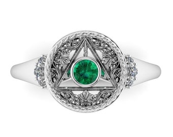 CROSSROADS: Wizard Inspired Engagement Ring with natural Emerald & Canadian Diamonds in 10k, 14k, 18k, 22k or Platinum