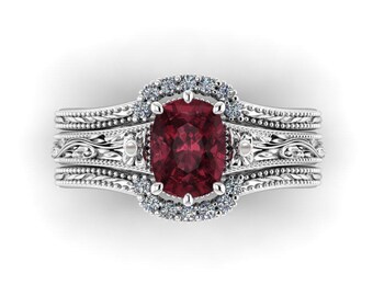 SOPHIE: Regency Inspired Antique Cushion Cut Rhodolite Garnet & Pearl Engagement Ring and Wedding Band Set