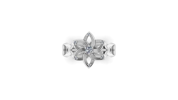 ELENTARI : Elvish Inspired Engagement Ring. Diamond Flower Ring. Unique Diamond Ring. Woodland Wedding Ring.