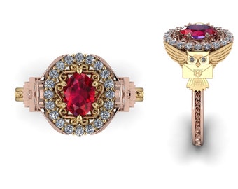 Owl You Need is Love : Wizard Inspired Engagement Ring with Natural Ruby or Lab Created Ruby center stone and Canadian Diamond accents.