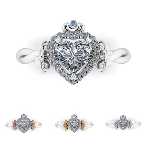 SERENITY MOON: Anillo de compromiso con forma de corazón inspirado en el anime / Anillo de compromiso con diamantes o moissanita / Anillo de promesa / Anillo de luna / Anillo de compromiso de princesa