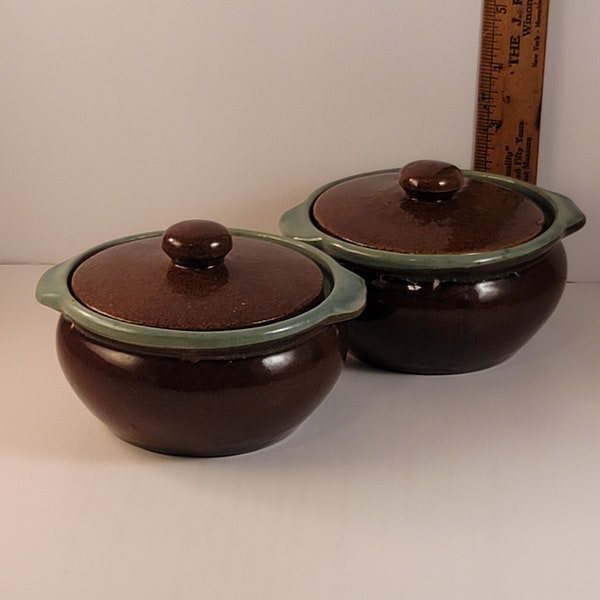 2  Zanesville Country Fare Brown Drip Soup Crocks Brown/Turquoise