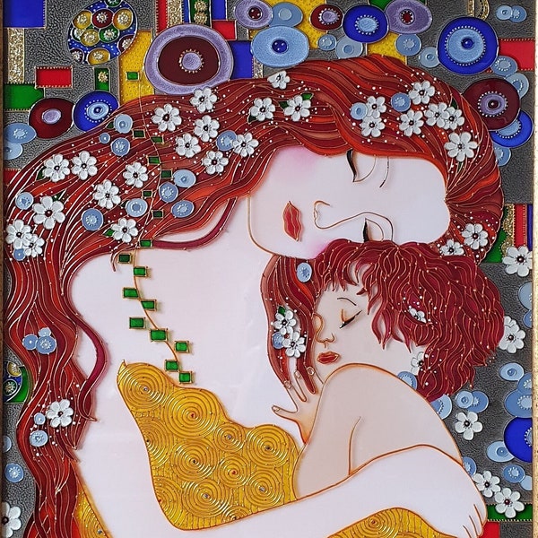 Mothers day gifts Klimt Mother and child Stained glass panel New mom gift