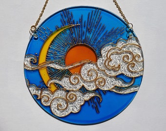 Stained glass Sun Moon Cloud Suncatcher for window hangings