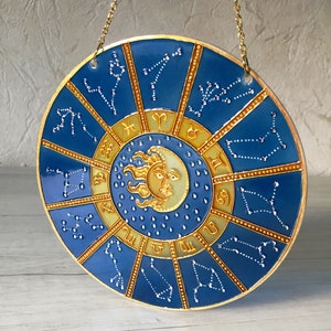 Łapacz słońca na okno kobaltowy niebieski znak zodiaku niebiański wiszący łapacz słońca prezenty zodiakalne słońce księżyc gwiazdy witraż malarstwo