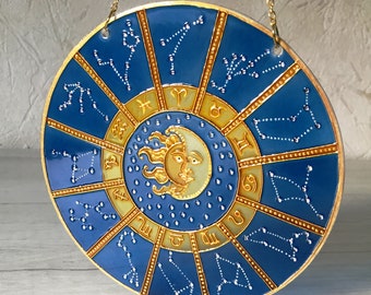 Suncatcher for Window Cobalt Blue Zodiac Sign Celestial Hanging Suncatcher Zodiac Gifts Sun Moon Stars Stained Glass Painting